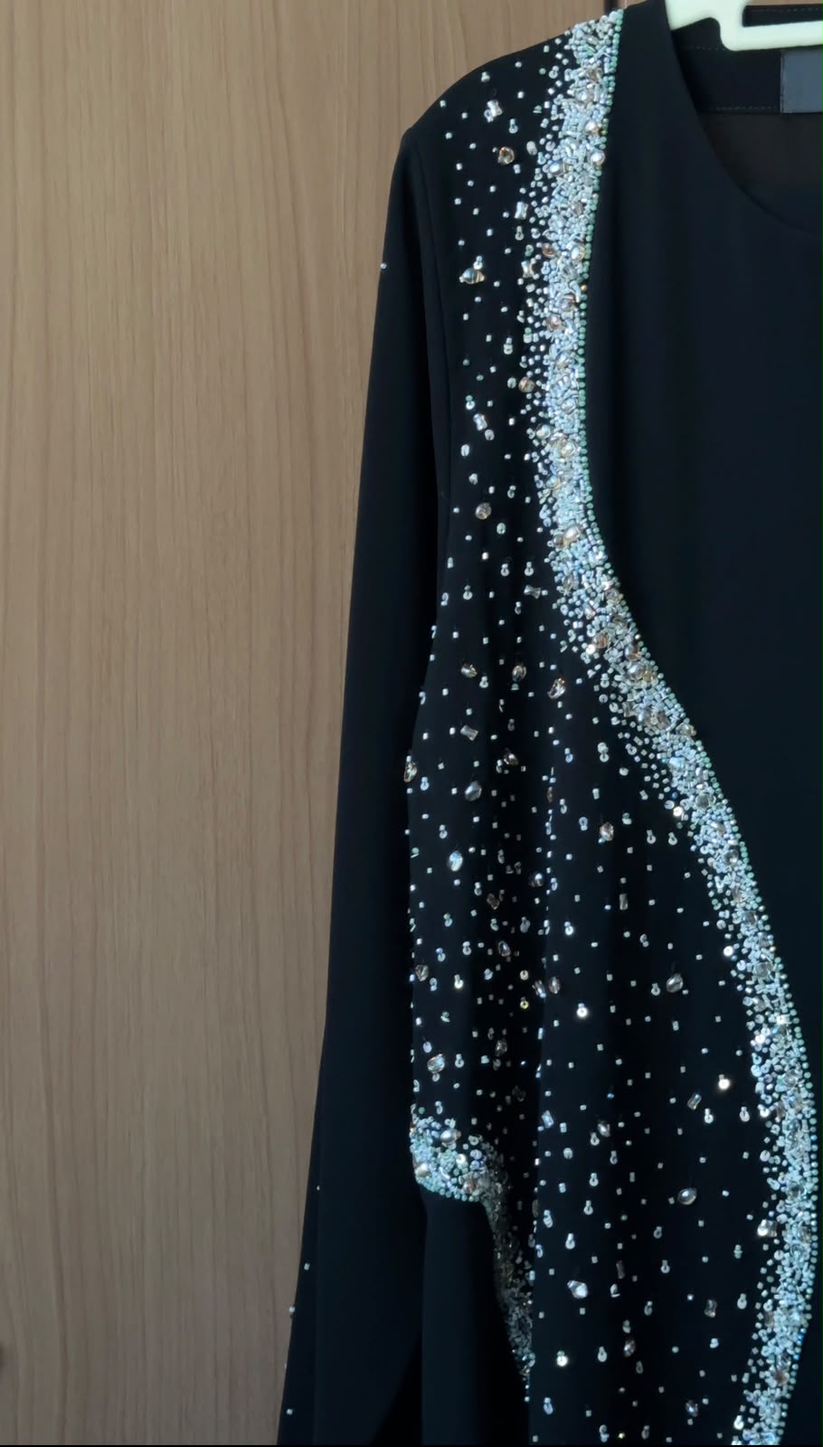 Barakah black abaya with cascading silver crystal embellishments
