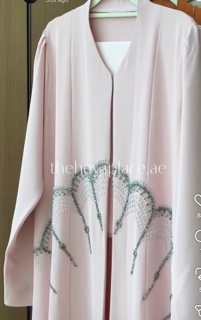 Blush Fan Abaya in blush pink featuring luxury crystal fan embroidery, premium open-front modest abaya for women.