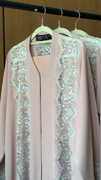 HEYA Blush Lace Abaya with ivory floral lace detailing in UAE
