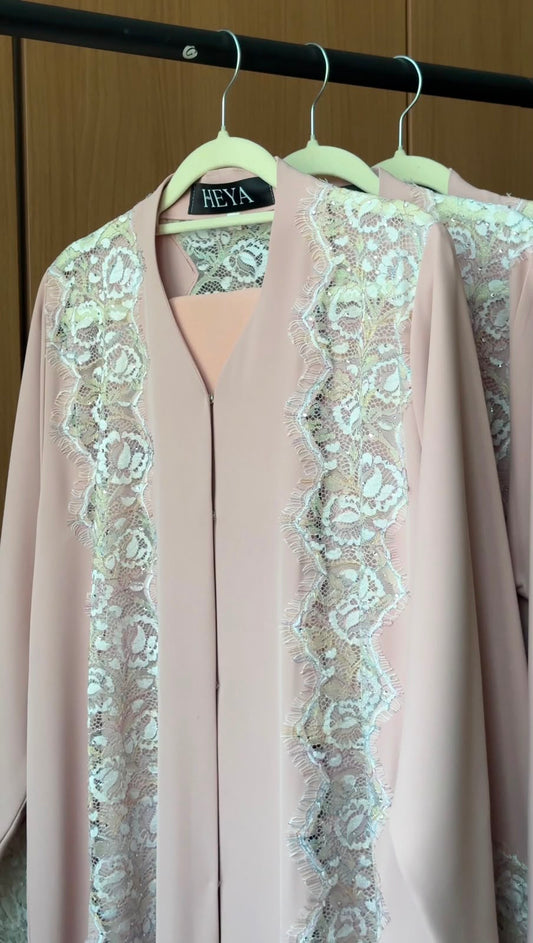 HEYA Blush Lace Abaya with ivory floral lace detailing in UAE