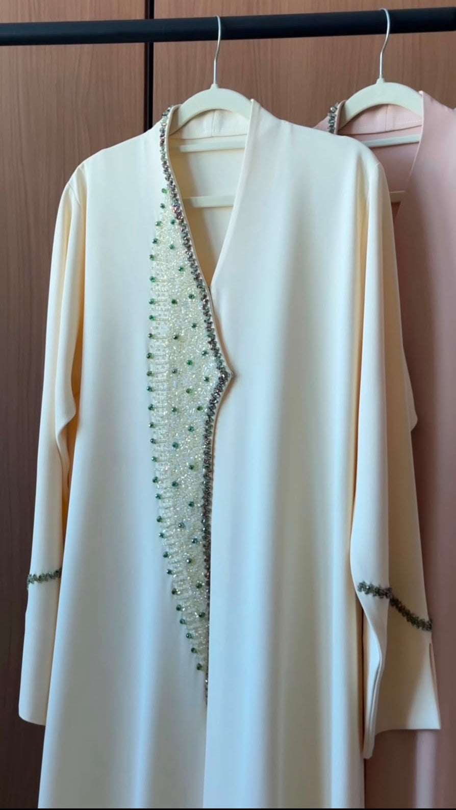 HEYA Blush Grace Abaya in Cream featuring elegant handcrafted embellishments and a flowing luxury silhouette for modern modest fashion.