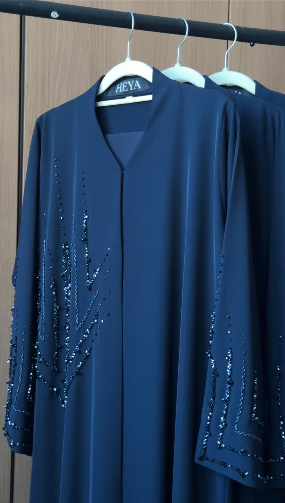 Deep Navy Crystal Abaya sleeve featuring intricate crystal embellishments