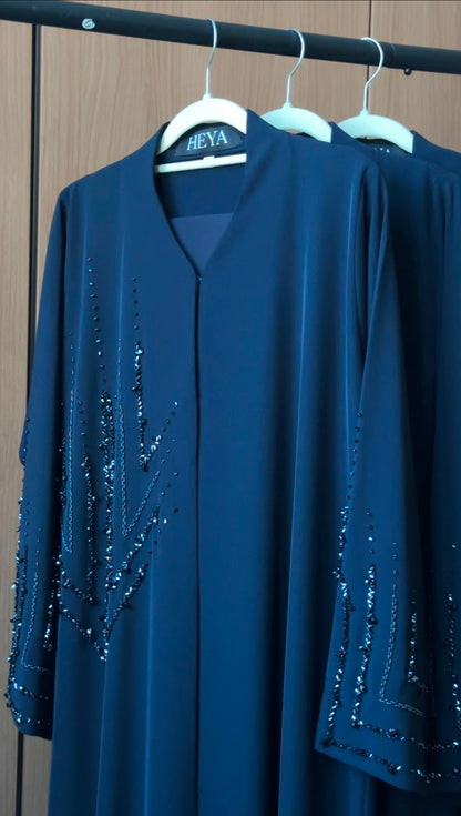 Deep Navy Crystal Abaya sleeve featuring intricate crystal embellishments