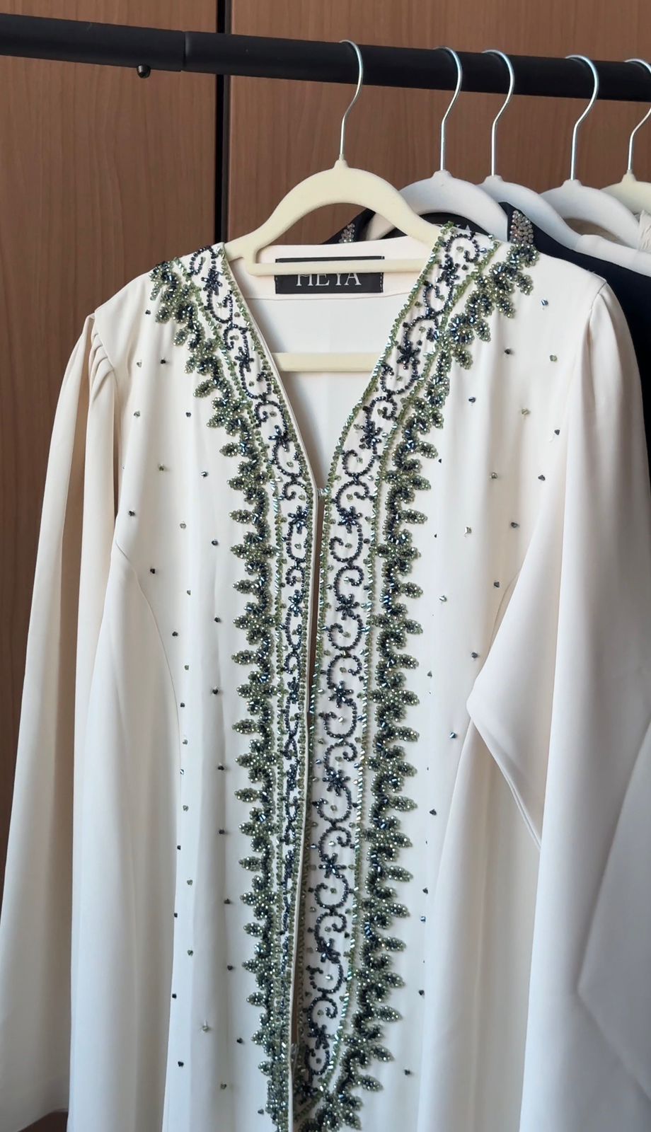 HEYA Emerald Lace Abaya in ivory with emerald beadwork and crystal embellishments