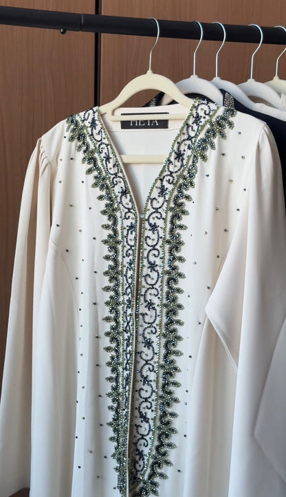 HEYA Emerald Lace Abaya in ivory with emerald beadwork and crystal embellishments