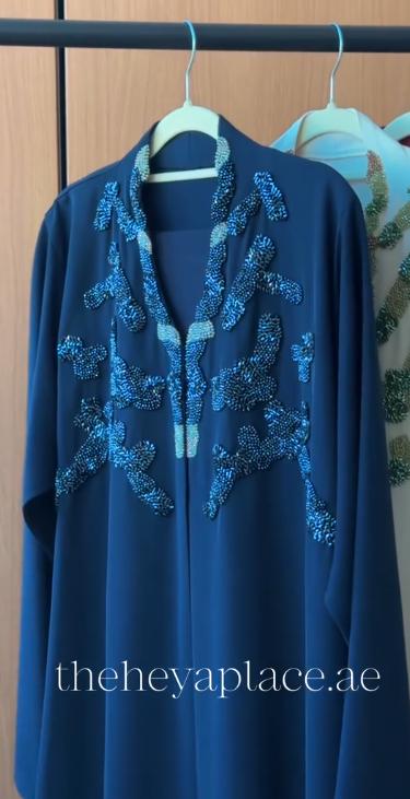 HEYA Fig Tree Abaya in deep navy blue with elegant branch-inspired crystal embellishments, style 1103