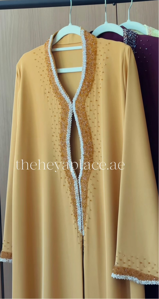HEYA Golden Pearl Abaya with gold beadwork and pearl embellishments