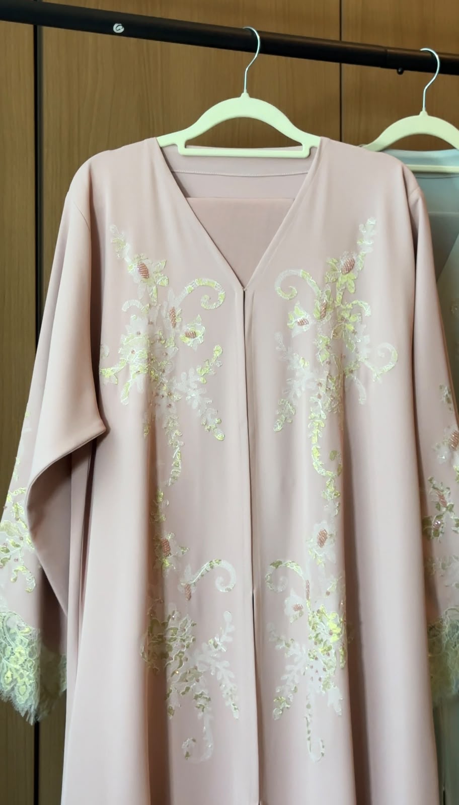 HEYA Noor Al Qamar Blush Pink Abaya with floral embroidery and lace cuffs