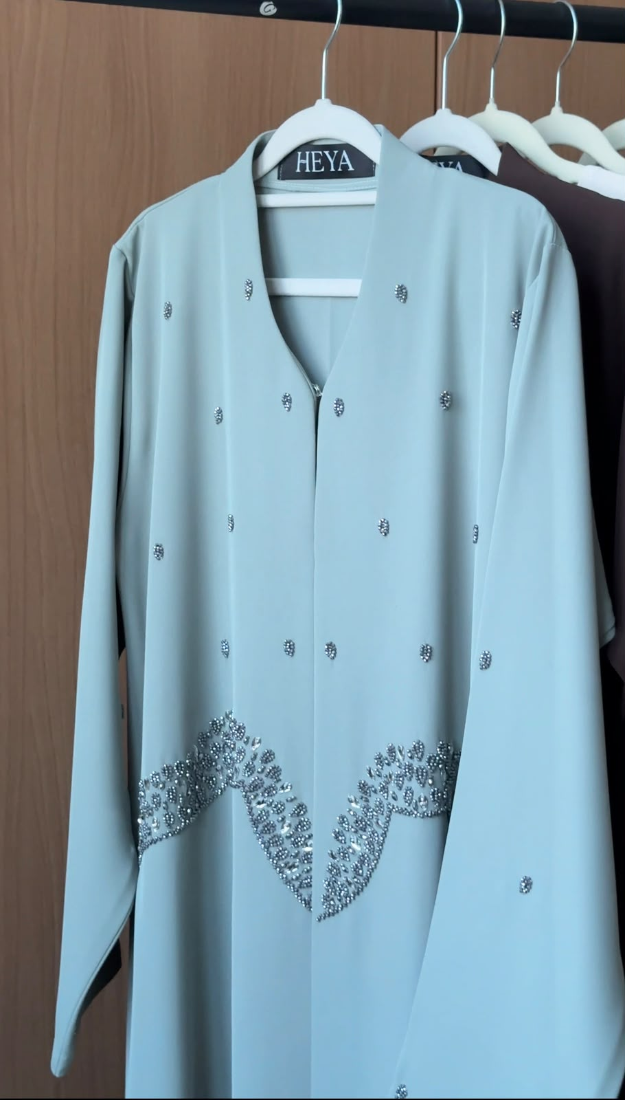 HEYA Ice Blue Fern Abaya with silver crystal embellishments and a flowing modest silhouette