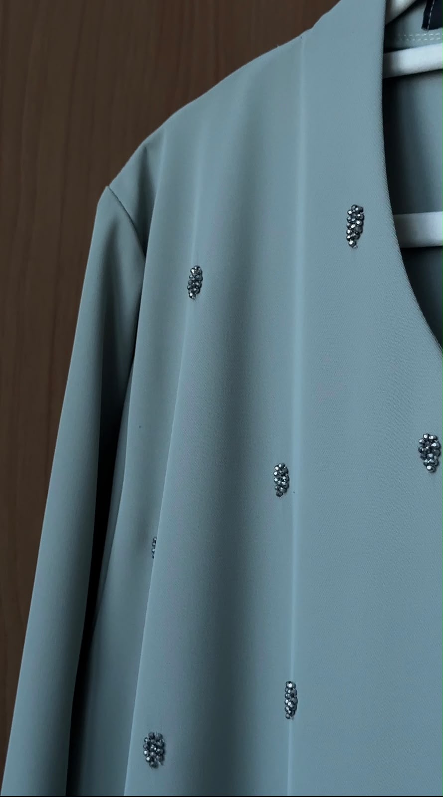 A sage green long-sleeve top with small silver rhinestone embellishments, hanging on a white hanger against a dark wood background.