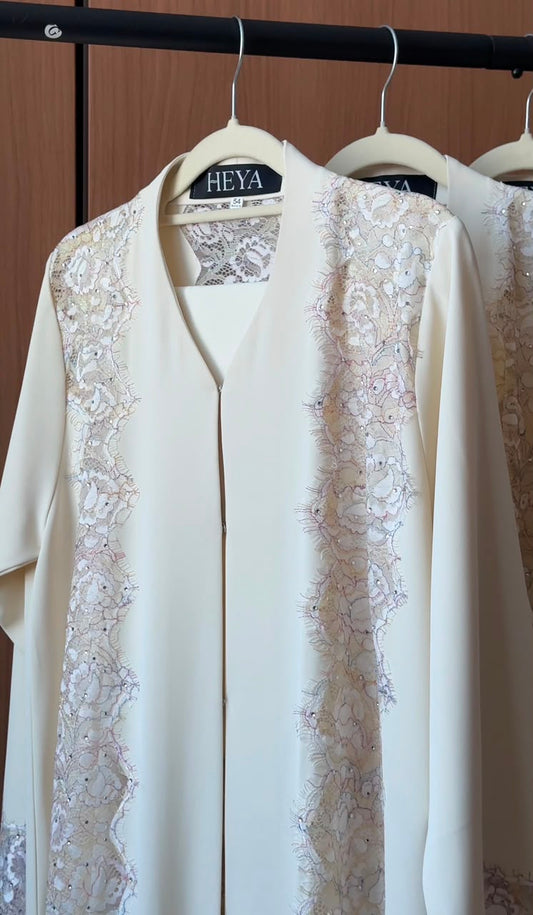 HEYA Ivory Lace Bloom Abaya with floral lace panels and sequin embellishments