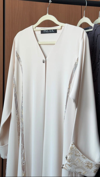 HEYA Ivory Elise Abaya with delicate lace panels, V-neckline and flowing modest silhouette