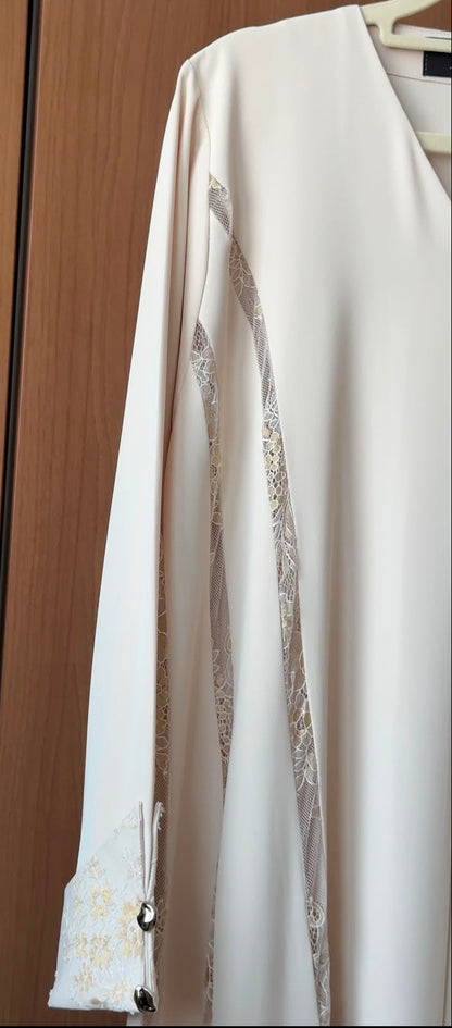 Front view of the Ivory Elise Abaya with elegant lace detailing