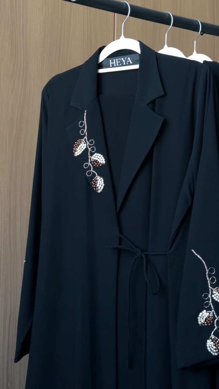 Layali black blazer abaya with crystal botanical embellishments and waist tie