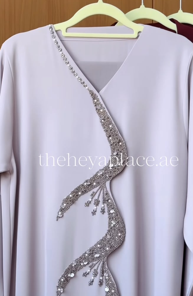 HEYA Lilac Cascade Abaya with sweeping silver crystal embellishments and delicate hanging accents