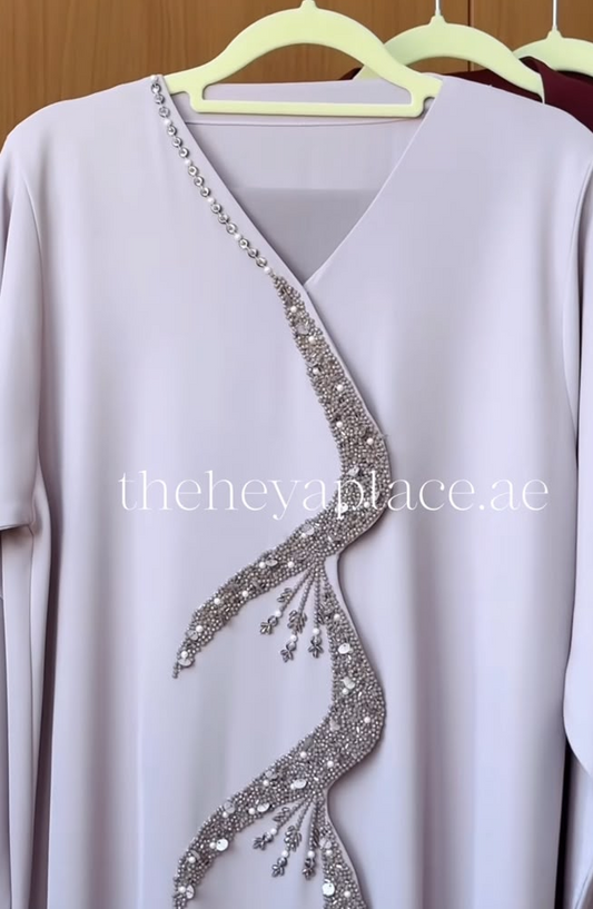 HEYA Lilac Cascade Abaya with sweeping silver crystal embellishments and delicate hanging accents