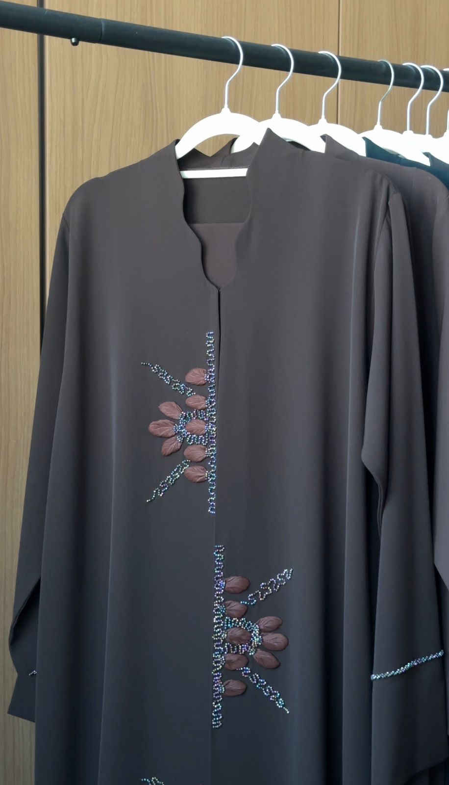 Mocha Petals Abaya with floral appliqués and crystal embellishments by HEYA