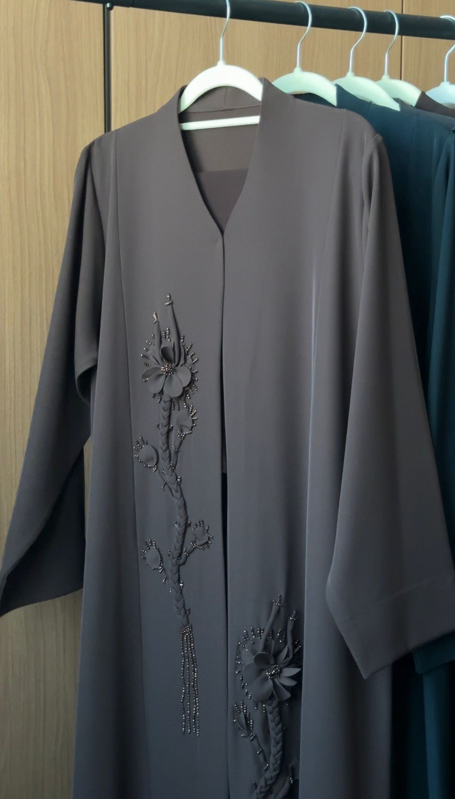 HEYA Mocha Orchid Abaya with floral appliqués and intricate beadwork
