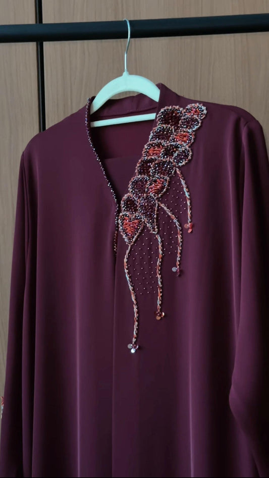 HEYA Mulberry Vine Abaya in deep burgundy with cascading floral beadwork and crystal embellishments