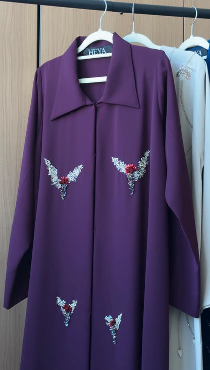 HEYA Purple Blazer Abaya with a tailored collar and delicate floral embellishments