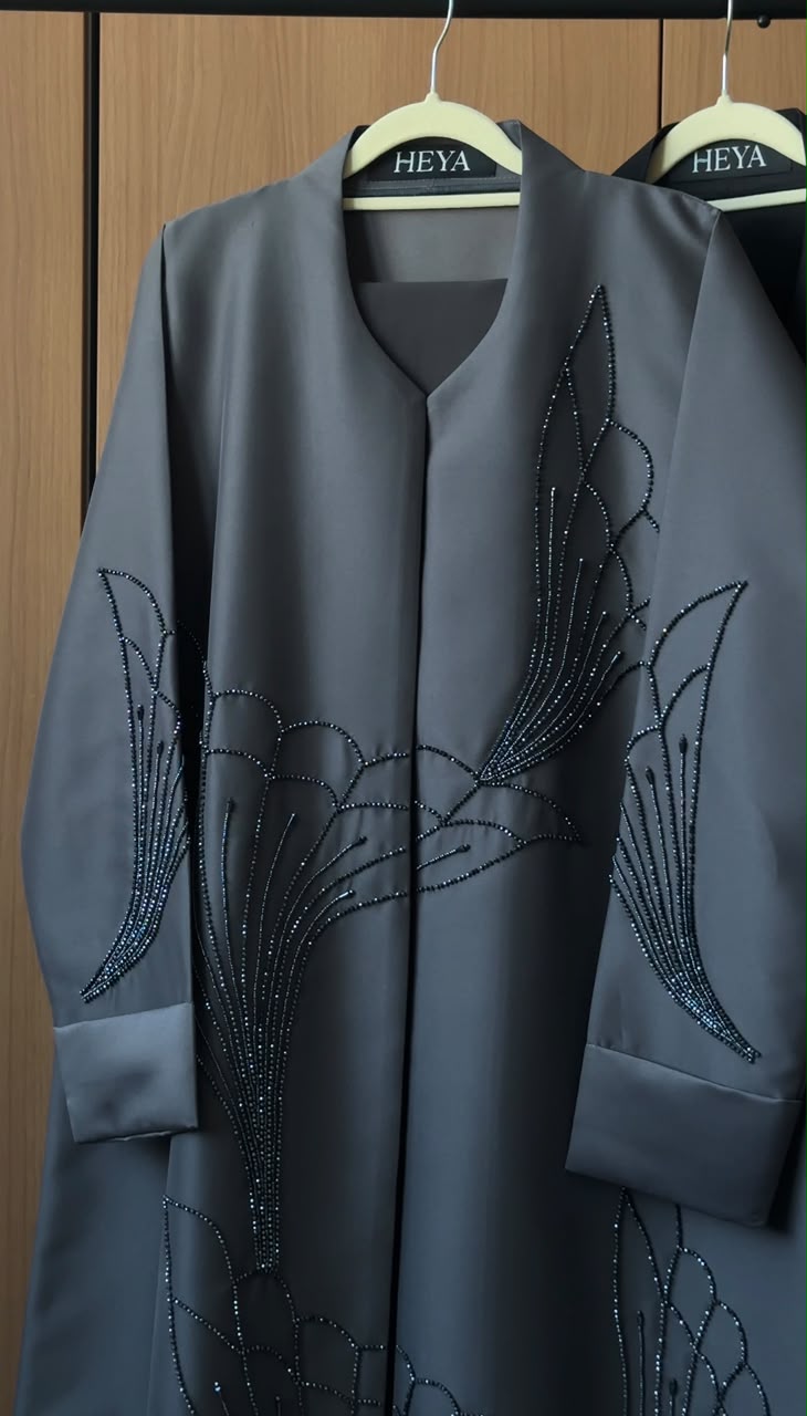 Rawdah grey open-front abaya with black floral crystal embellishments by HEYA