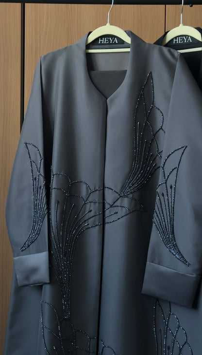 Rawdah grey open-front abaya with black floral crystal embellishments by HEYA