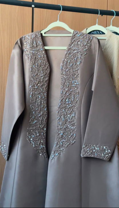 HEYA Silver Mirage Abaya in taupe grey with silver crystal embellished front panels and cuffs