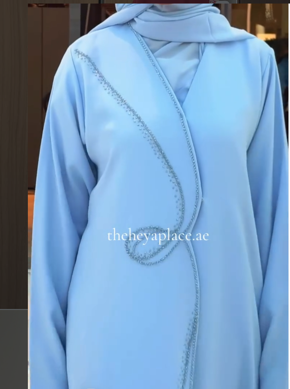 HEYA Sky Blue Swirl Abaya with graceful crystal embellishments and matching sheila