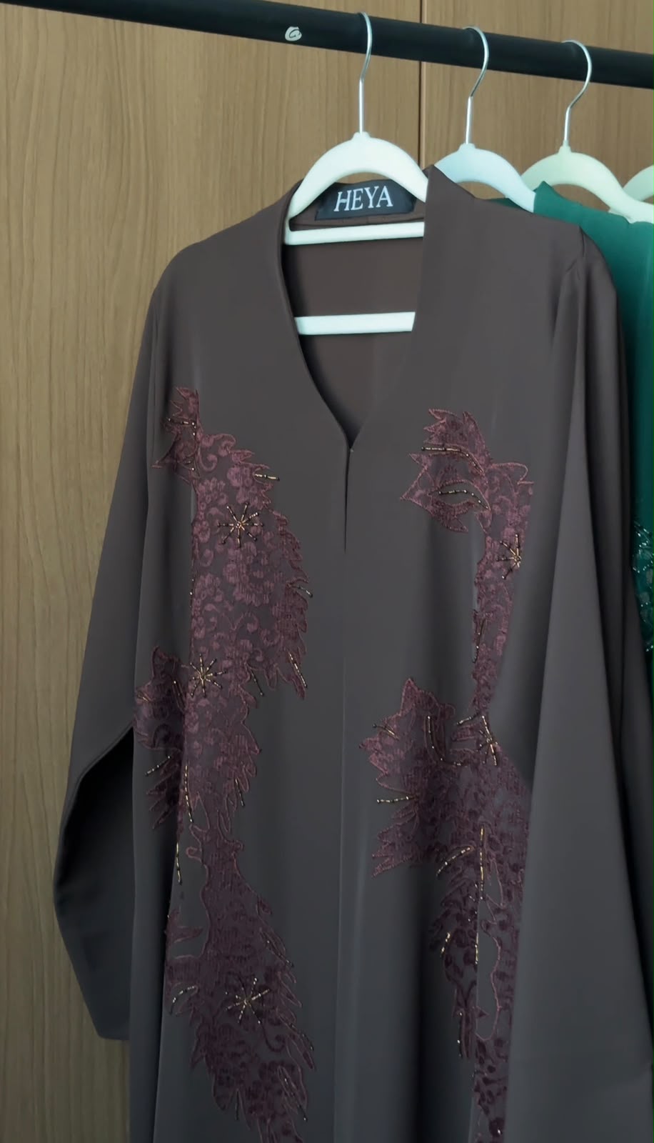 HEYA Smoky Espresso Abaya with burgundy floral lace appliqués and delicate beadwork
