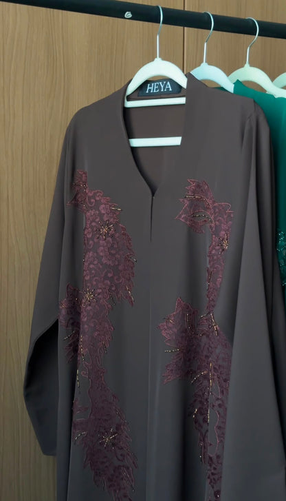HEYA Smoky Espresso Abaya with burgundy floral lace appliqués and delicate beadwork
