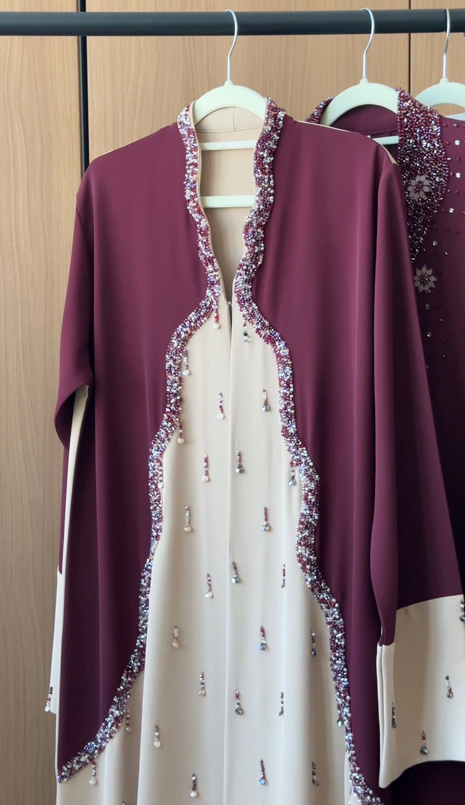 Swan Crystal Maroon Abaya adorned with crystal embellishments for elegant modest fashion.