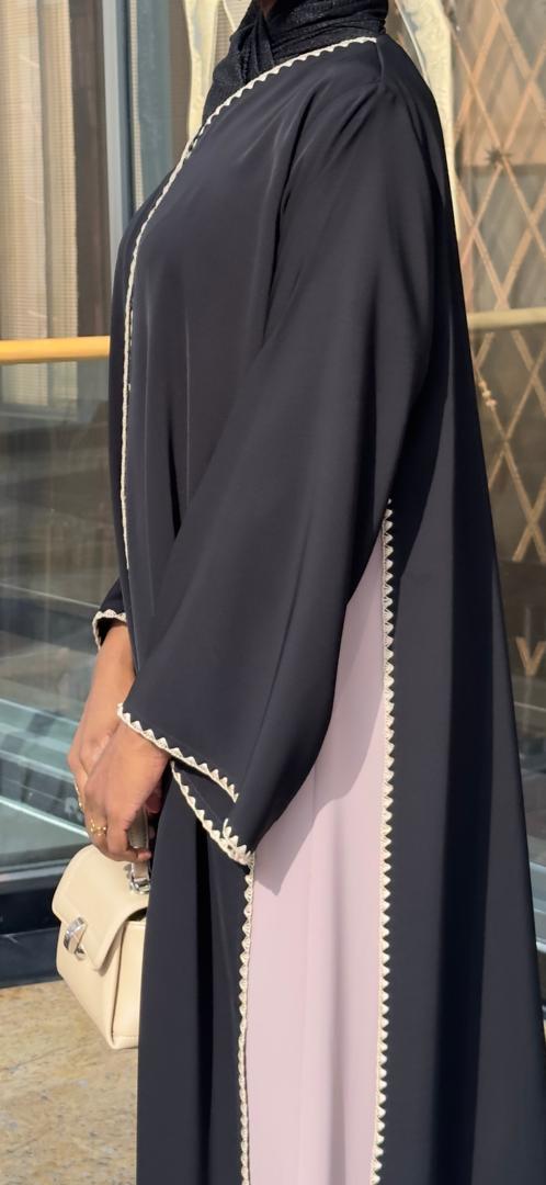 Vireya Black Open Abaya with Ivory-White Decorative Trim by HEYA