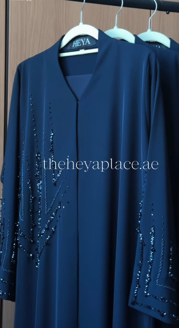 Deep Navy Crystal Abaya with shimmering branch-inspired embellishments on the front and sleeves by HEYA