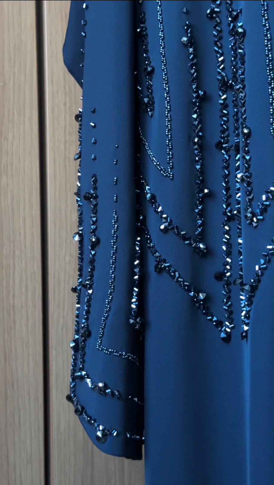 Deep Navy Crystal Abaya front view with elegant branch-inspired embellishments
