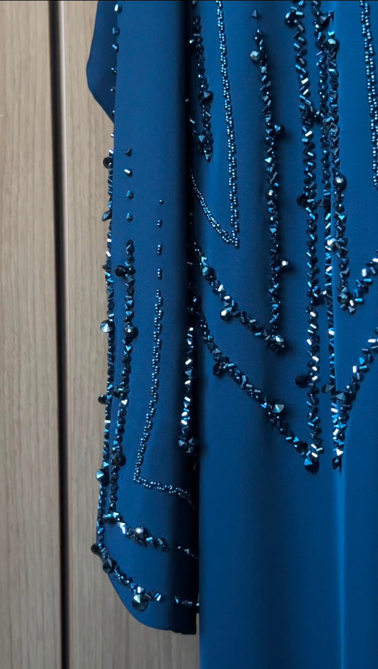 Deep Navy Crystal Abaya front view with elegant branch-inspired embellishments