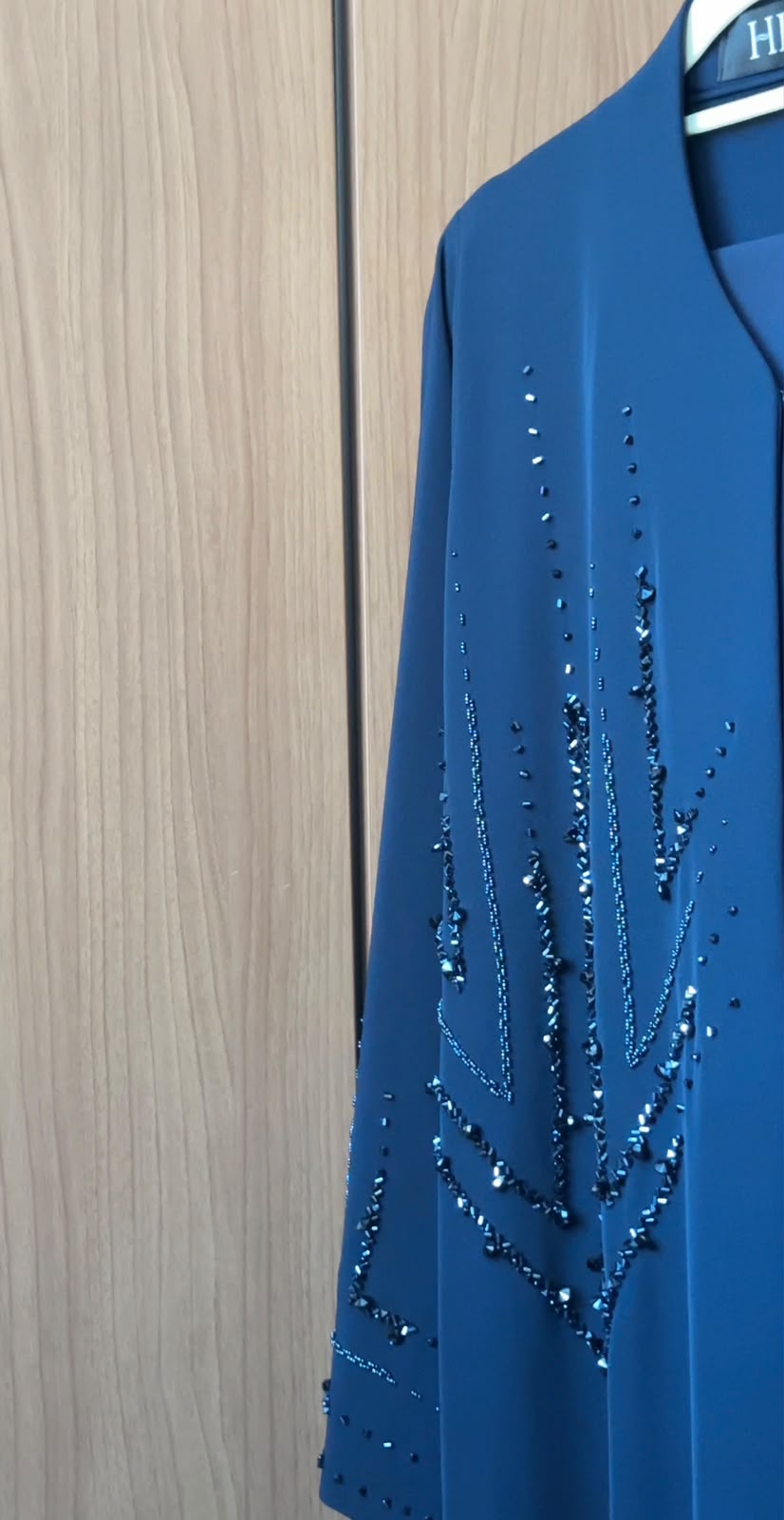 Deep Navy Crystal Abaya full-length view with a flowing modest silhouette