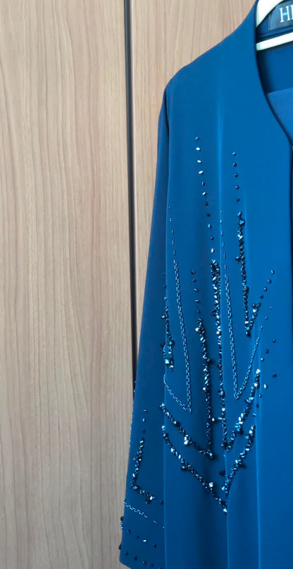 Deep Navy Crystal Abaya full-length view with a flowing modest silhouette