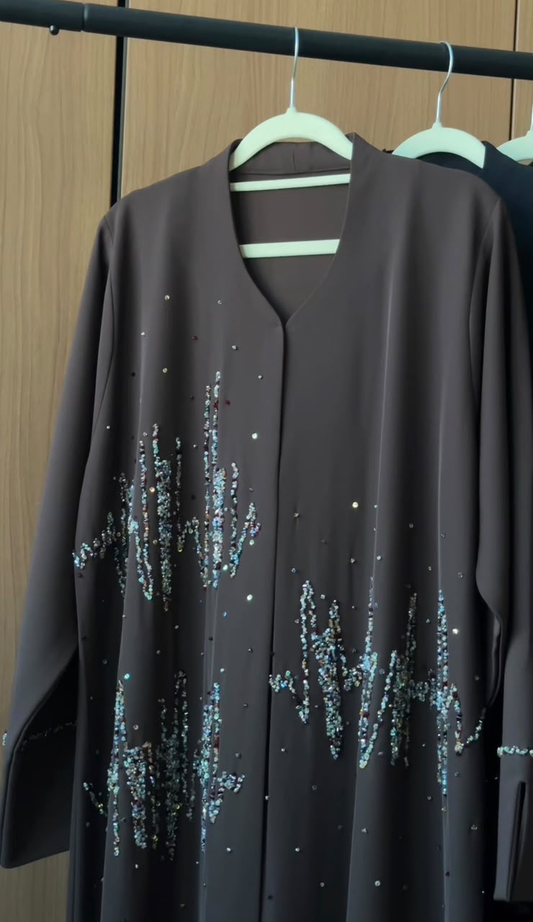 Celestial Noir Abaya- charcoal open-front abaya with iridescent teal sequin embroidery and crystal accents